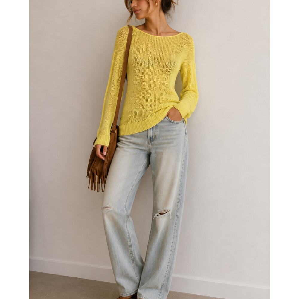 Madewell Wallace Yellow Open Knit Pullover Sweater Womens XS Sheer Florescent